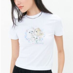 Lazy Oaf kittens white graphic crop top